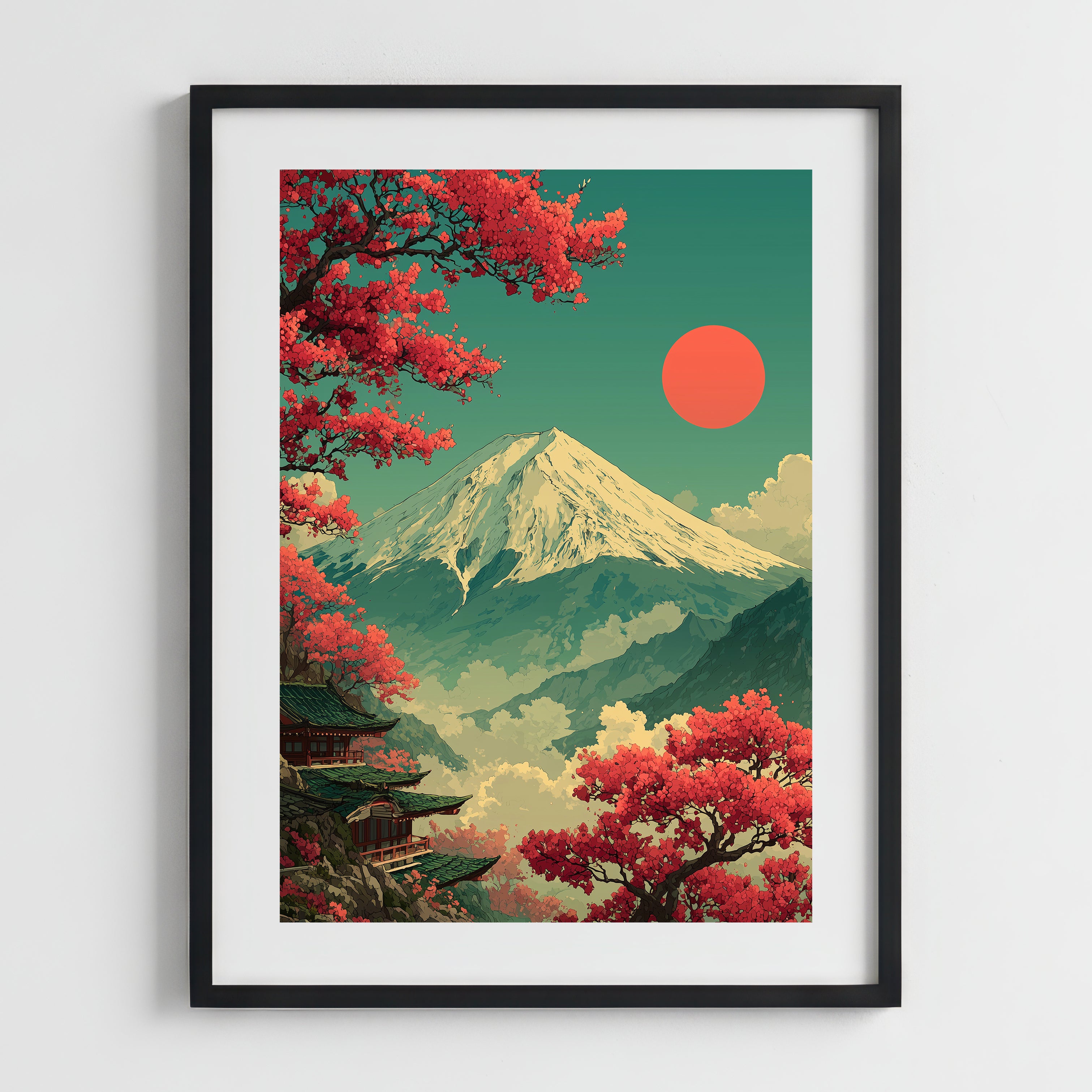 Póster del Pico Sagrado: Monte Fuji y Pagoda en las Nubes 