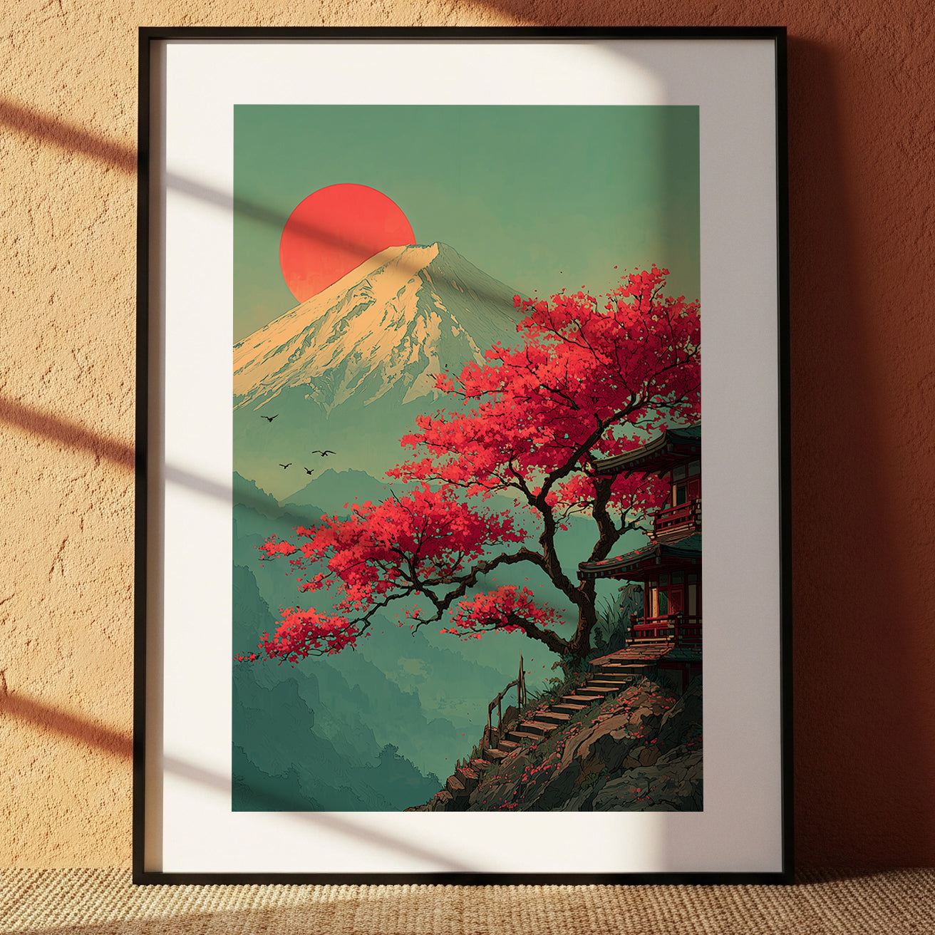 Stampa Giapponese "Tempio e Tramonto sul Fuji"