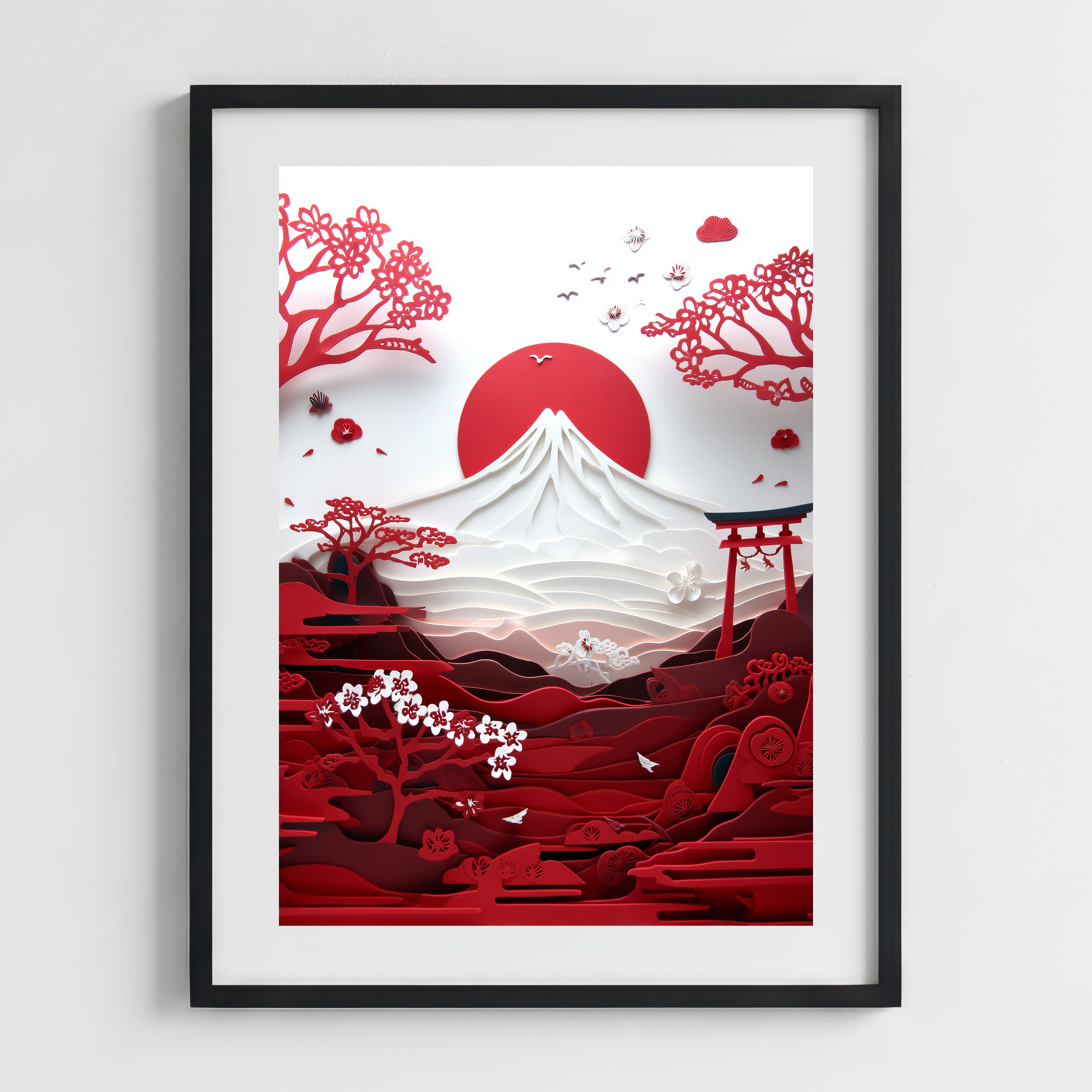 Impresión japonesa "El monte Fuji y el sol rojo"