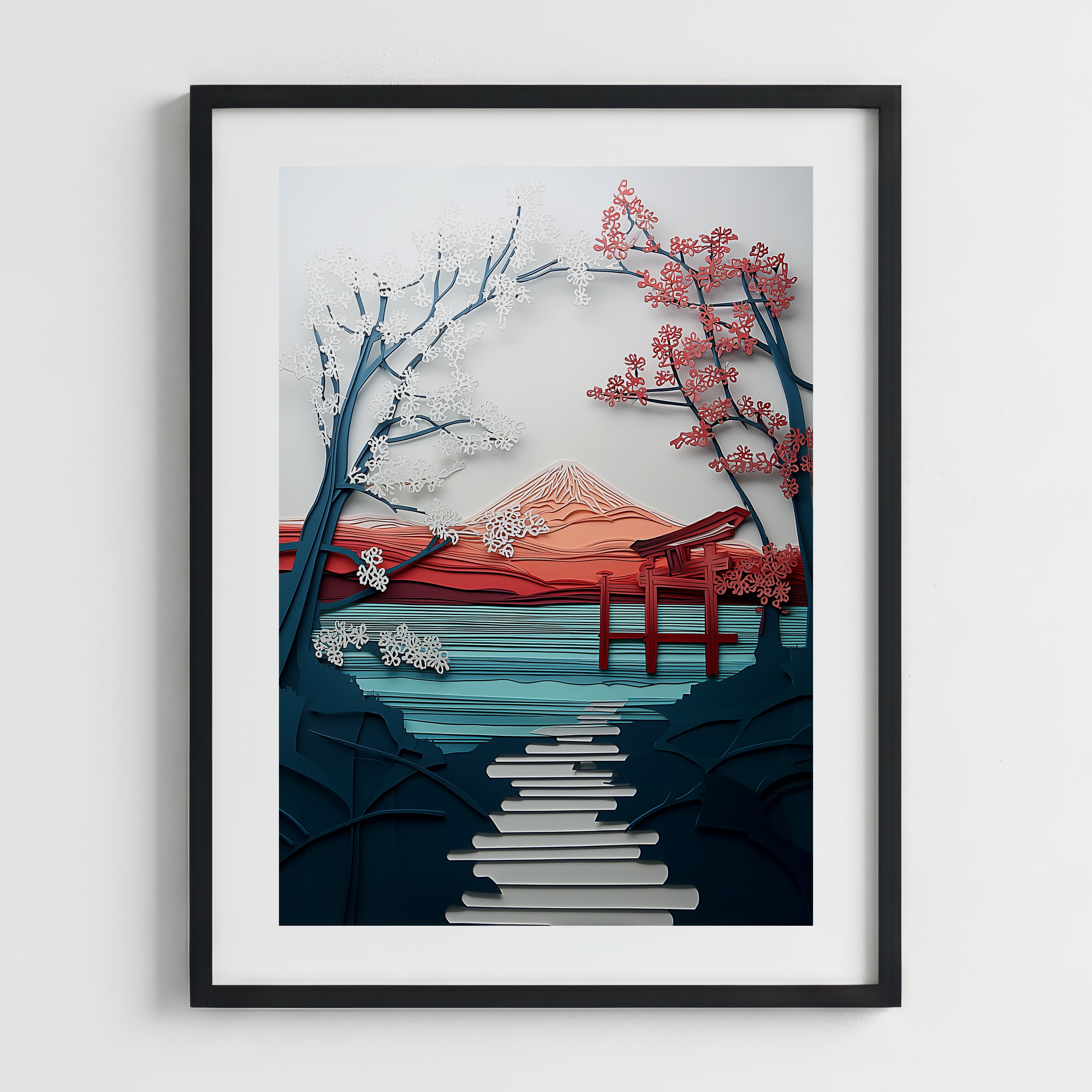 Impresión japonesa "Monte Fuji y Torii en el lago"
