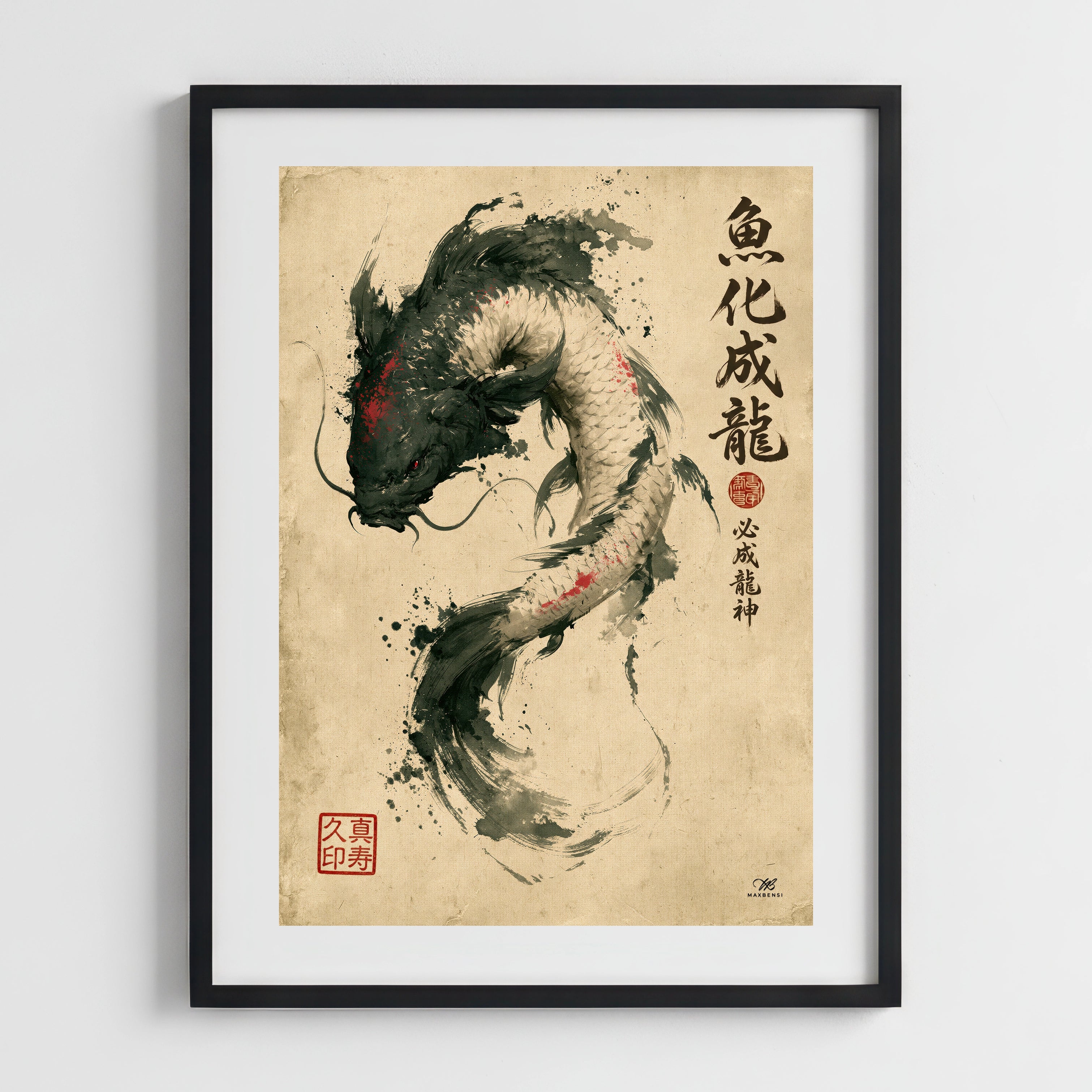 Carpa Koi Giapponese "La Metamorfosi del Drago" – Quadro Sumi-e Minimalista