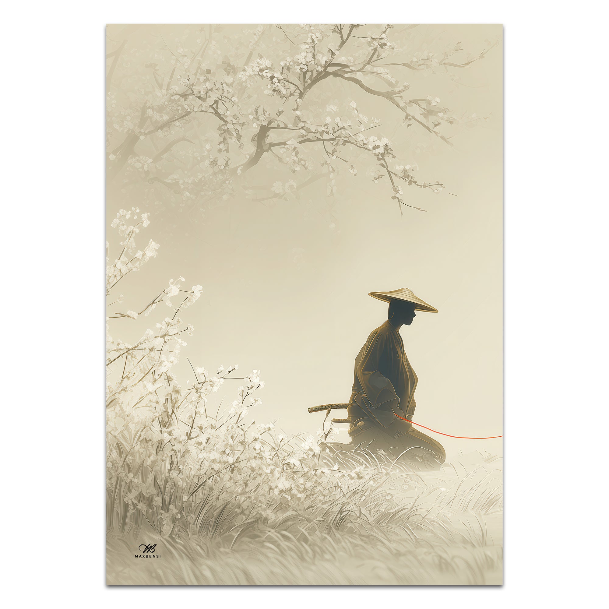 Poster con samurai e geisha sotto fioritura Sakura, arte giapponese moderna