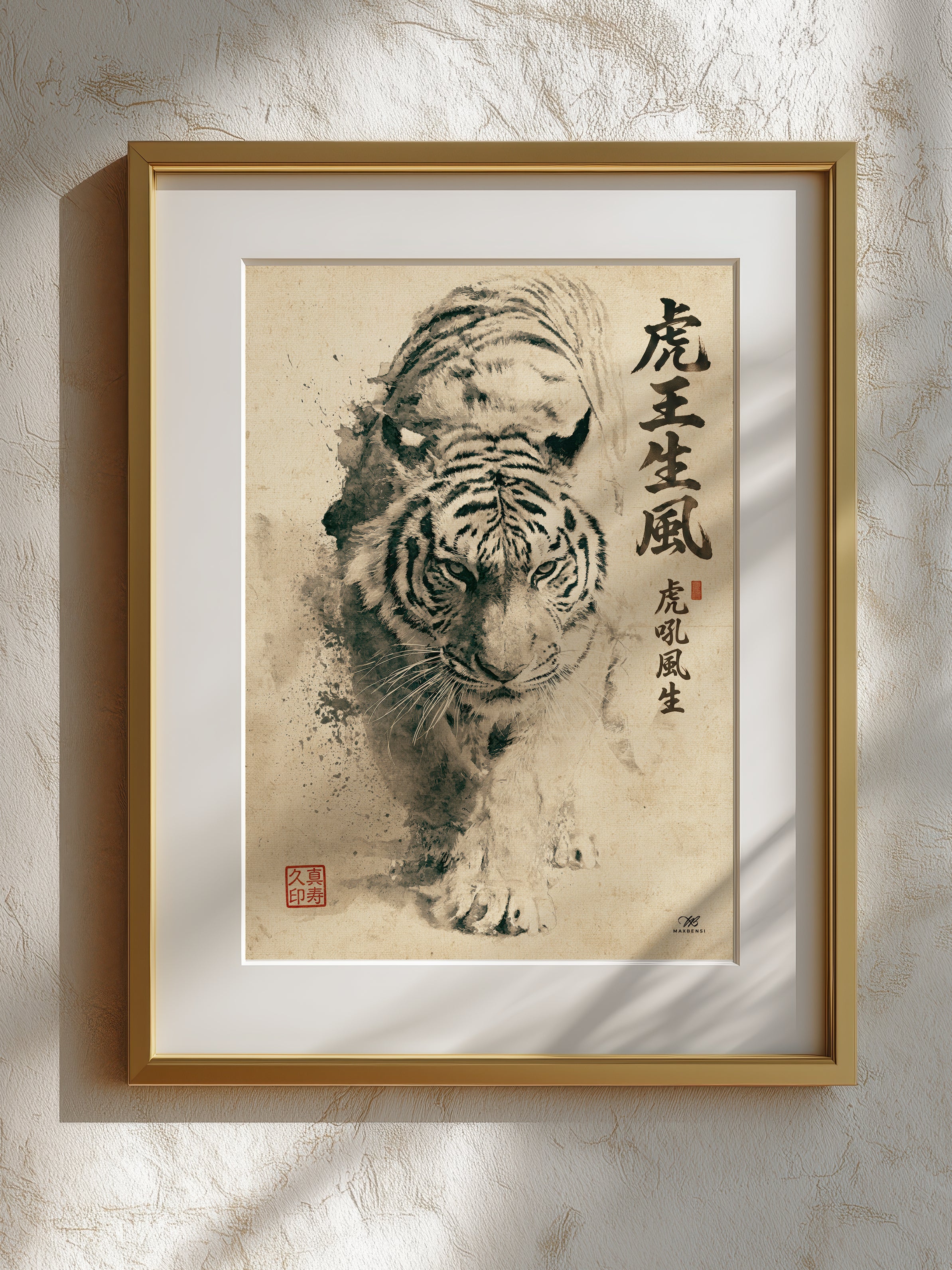 Tigre Giapponese "La Tigre Sovrana Genera il Vento" – Quadro Sumi-e Minimalista