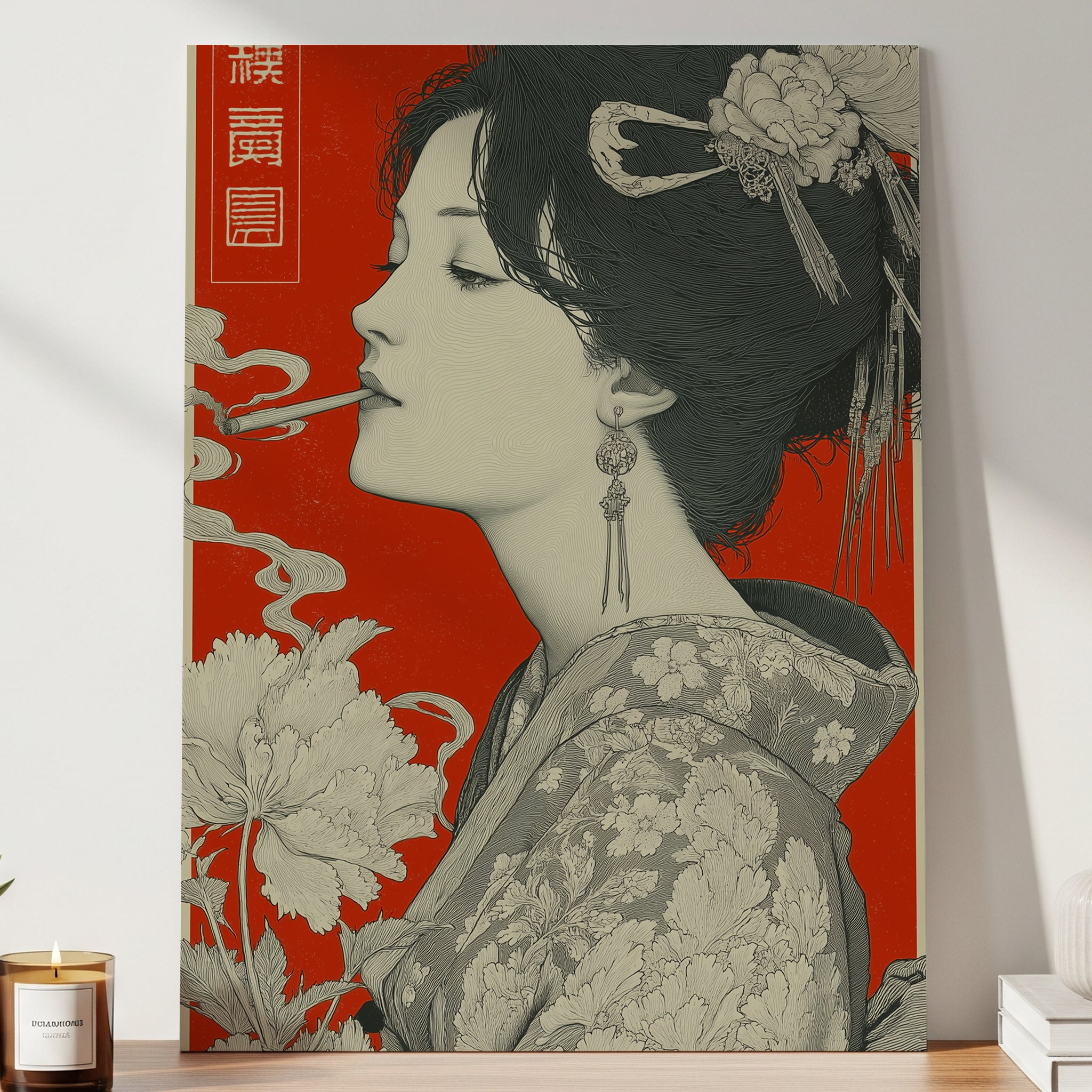 Impresión japonesa "Geisha moderna y peonías"