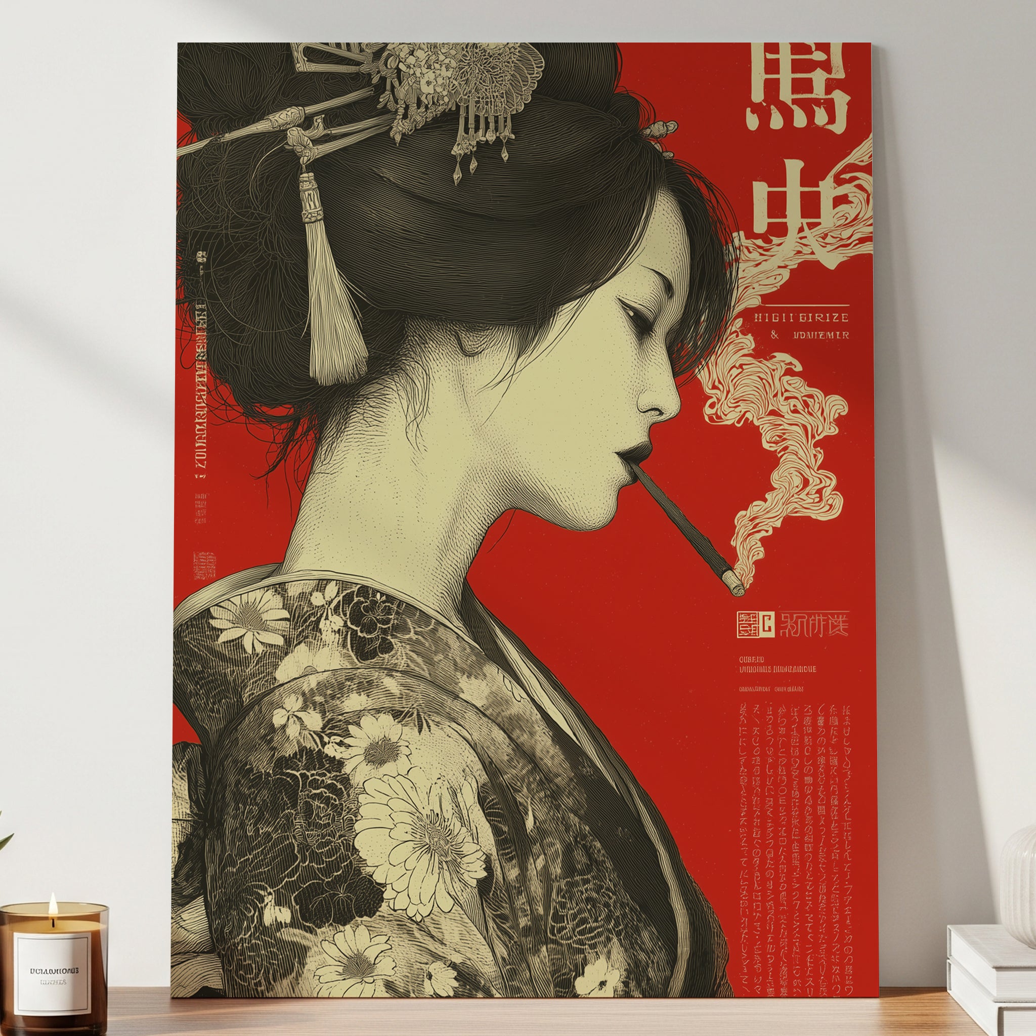 Geisha Giapponese Rosso Vintage Ukiyo-e Kimono Floreale Japan