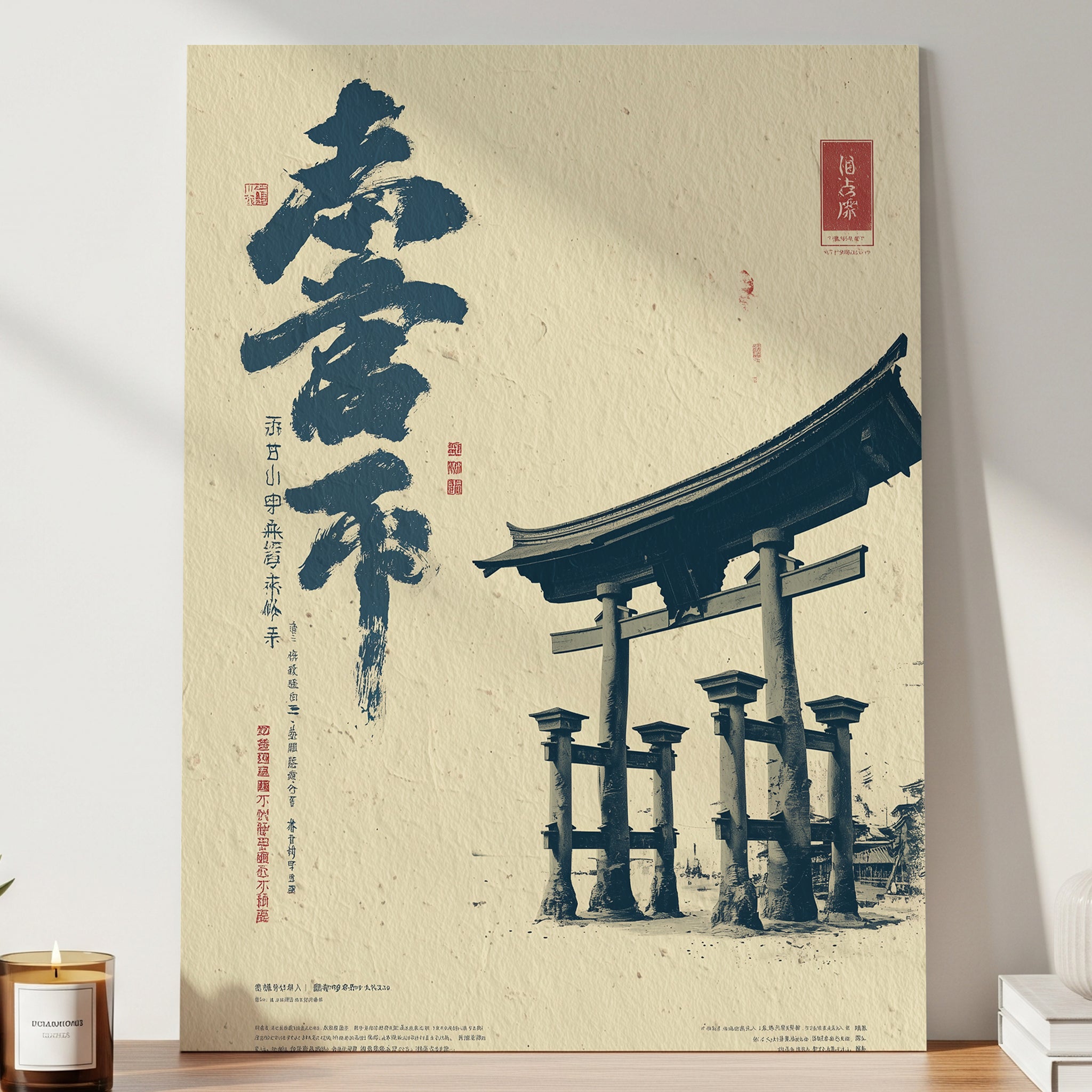 Impresión japonesa "Gran Torii y Caligrafía"