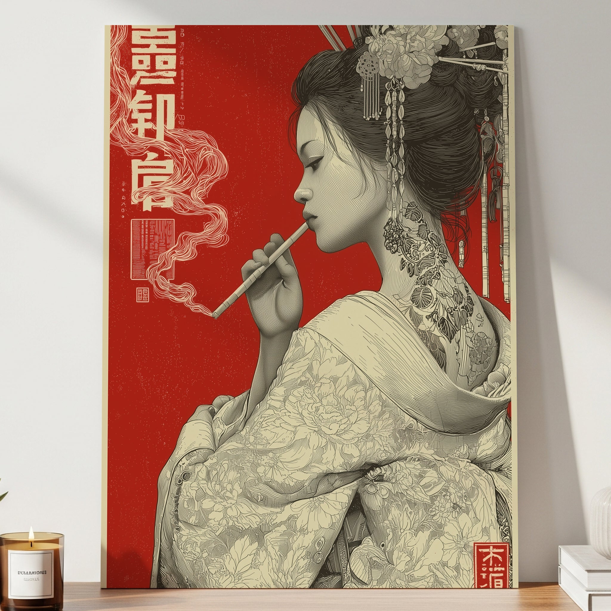 Geisha Sigaretta Rosso Vintage Ukiyo-e Kimono Floreale Japan