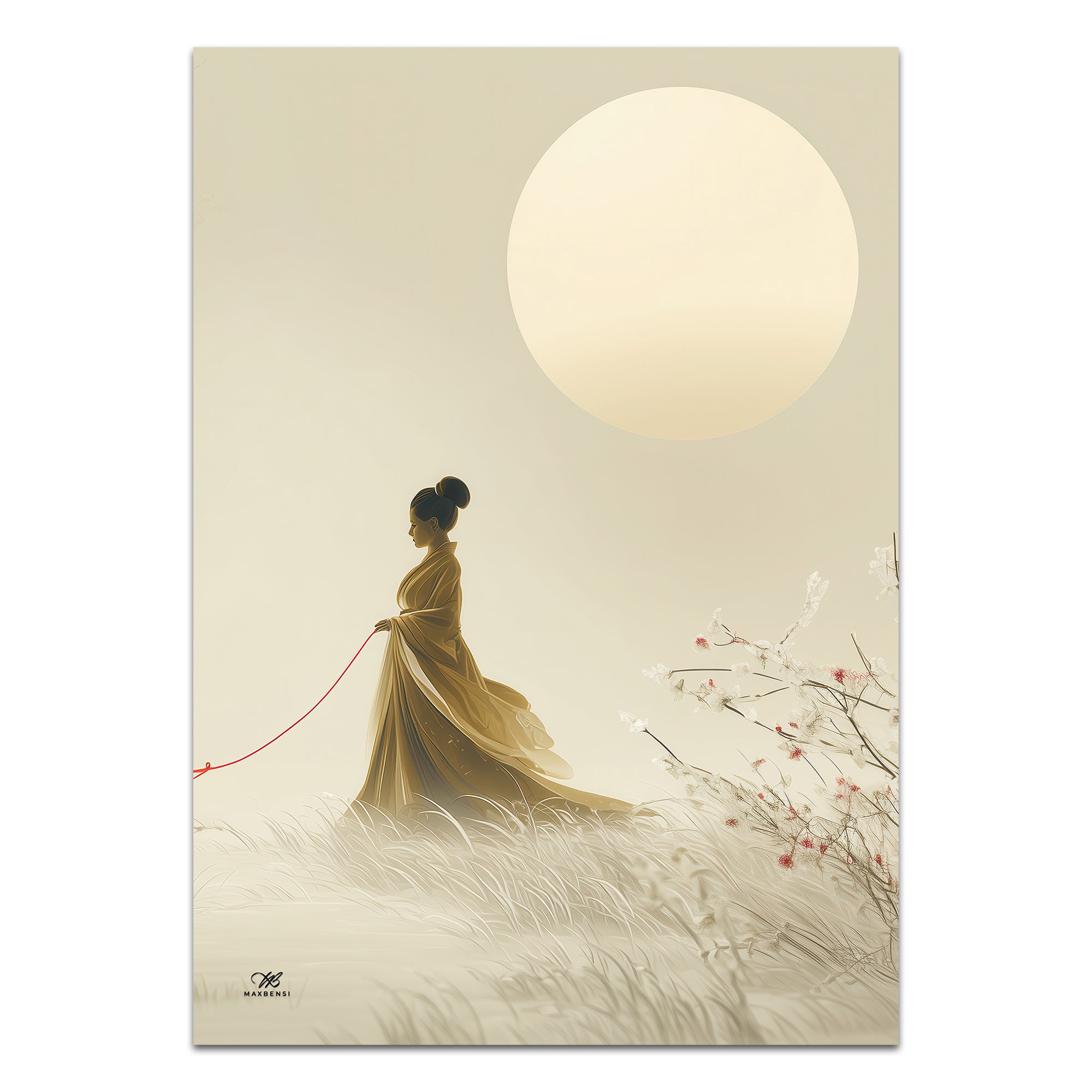 Poster con donna in kimono sotto luna piena, decorazione giapponese moderna