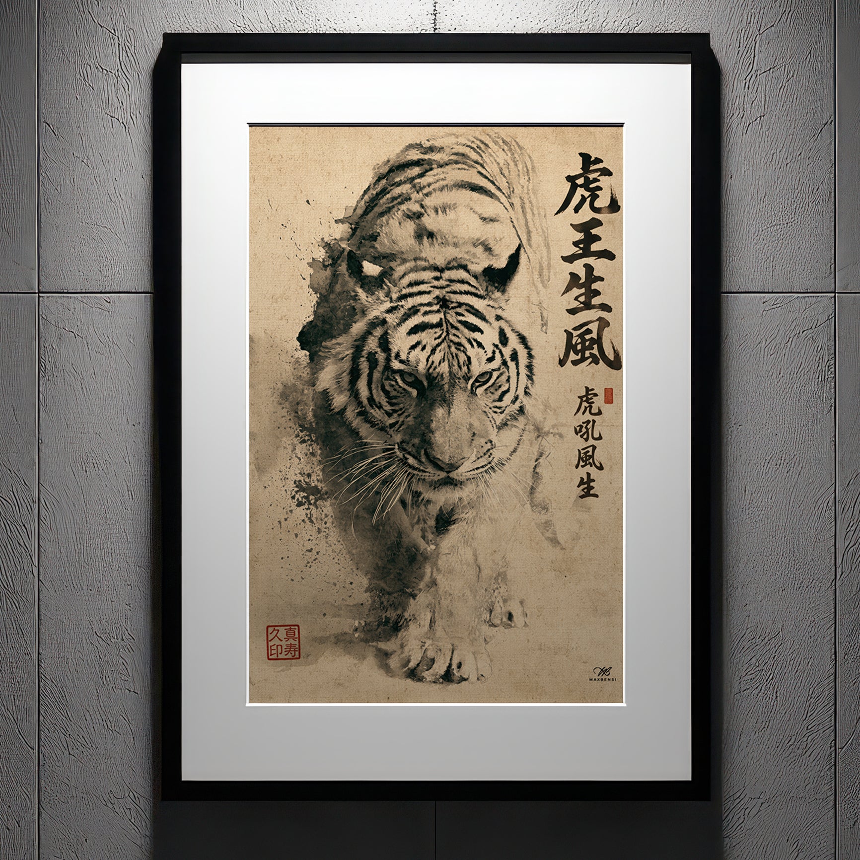 Tigre Giapponese "La Tigre Sovrana Genera il Vento" – Quadro Sumi-e Minimalista