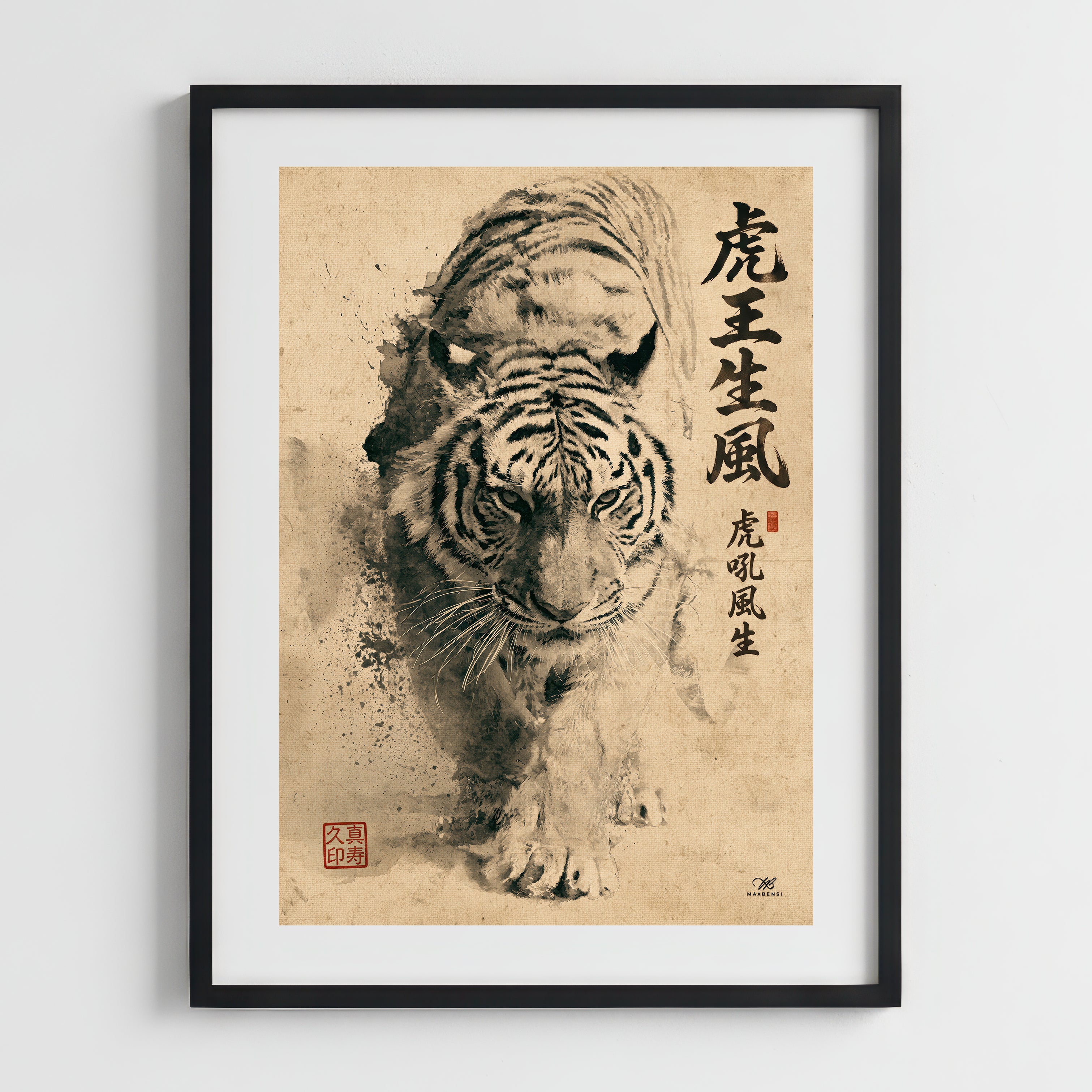 Tigre Giapponese "La Tigre Sovrana Genera il Vento" – Quadro Sumi-e Minimalista