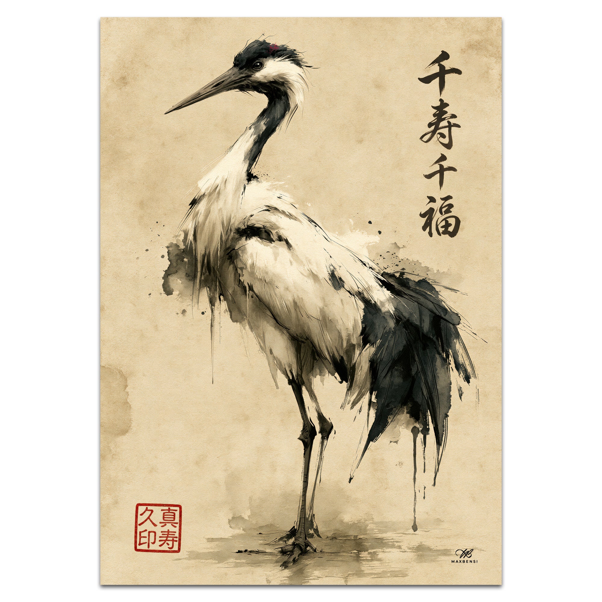 Gru Giapponese "Mille Longevità e Mille Fortune" – Quadro Sumi-e Minimalista