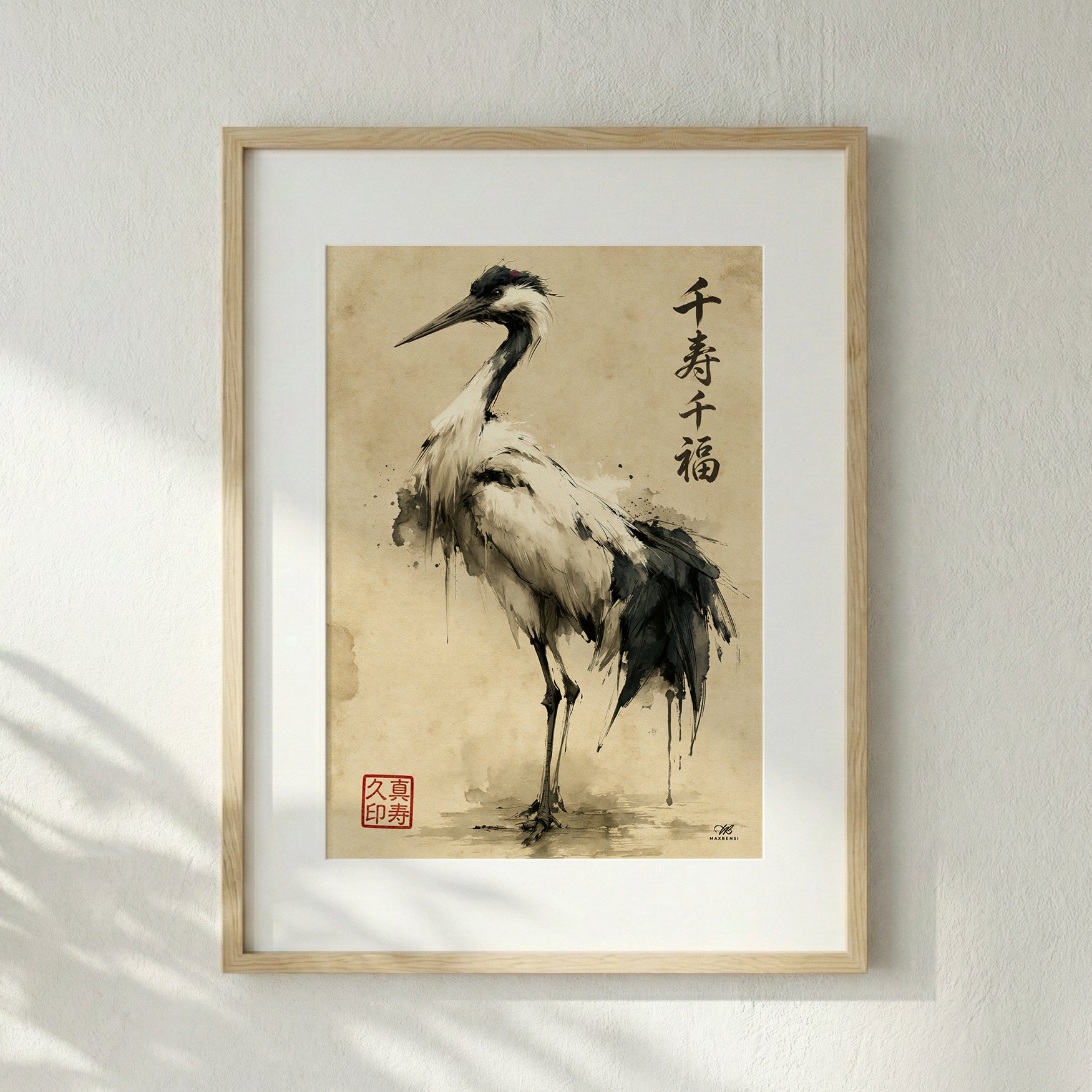 Gru Giapponese "Mille Longevità e Mille Fortune" – Quadro Sumi-e Minimalista