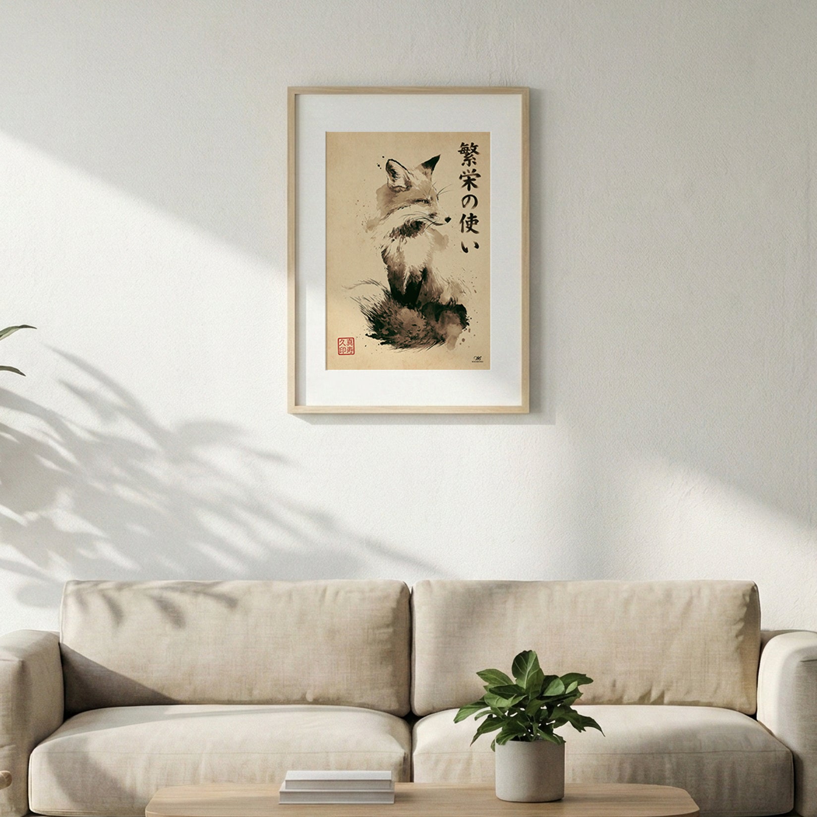 Volpe Giapponese "Messaggero di Prosperità" – Quadro Sumi-e Minimalista