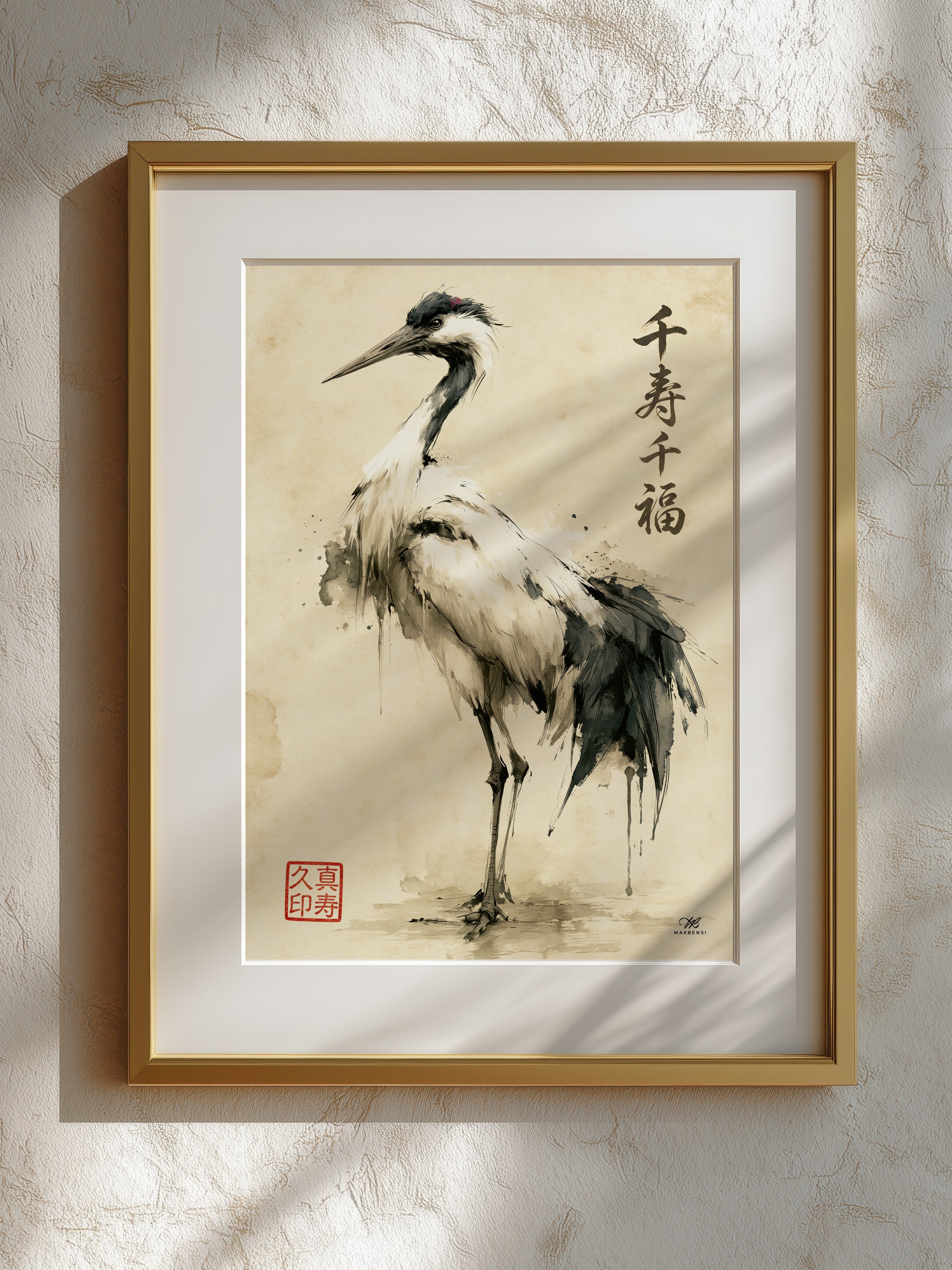 Gru Giapponese "Mille Longevità e Mille Fortune" – Quadro Sumi-e Minimalista