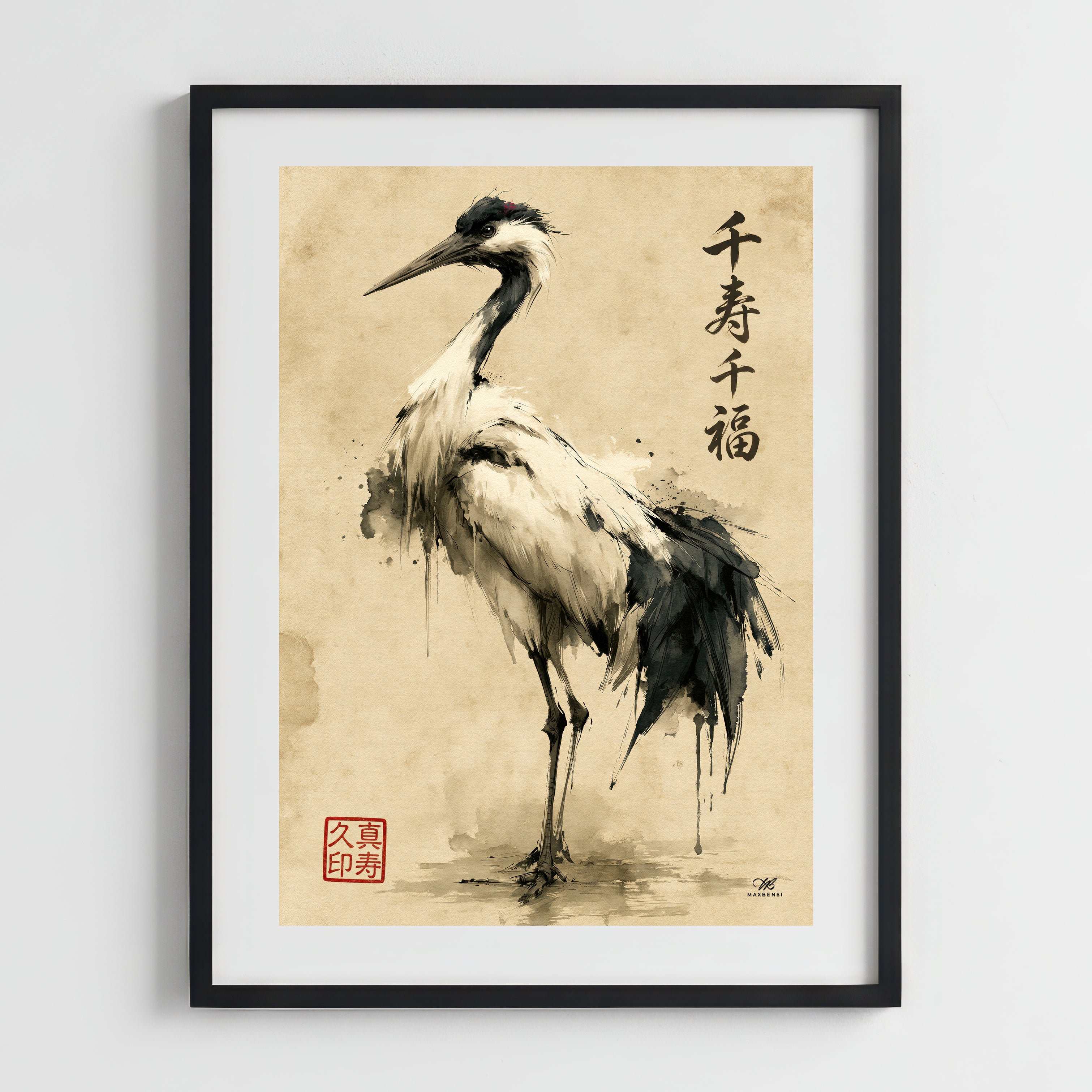 Gru Giapponese "Mille Longevità e Mille Fortune" – Quadro Sumi-e Minimalista