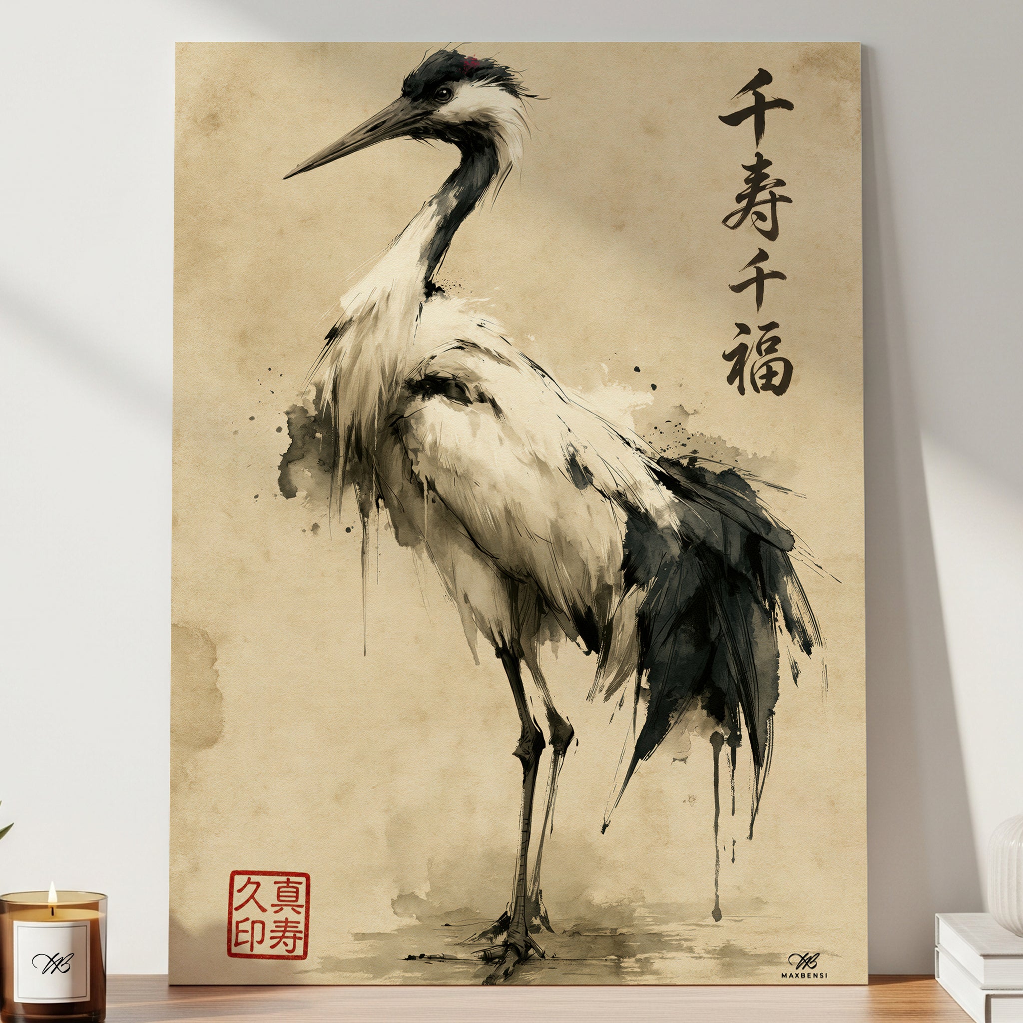Gru Giapponese "Mille Longevità e Mille Fortune" – Quadro Sumi-e Minimalista