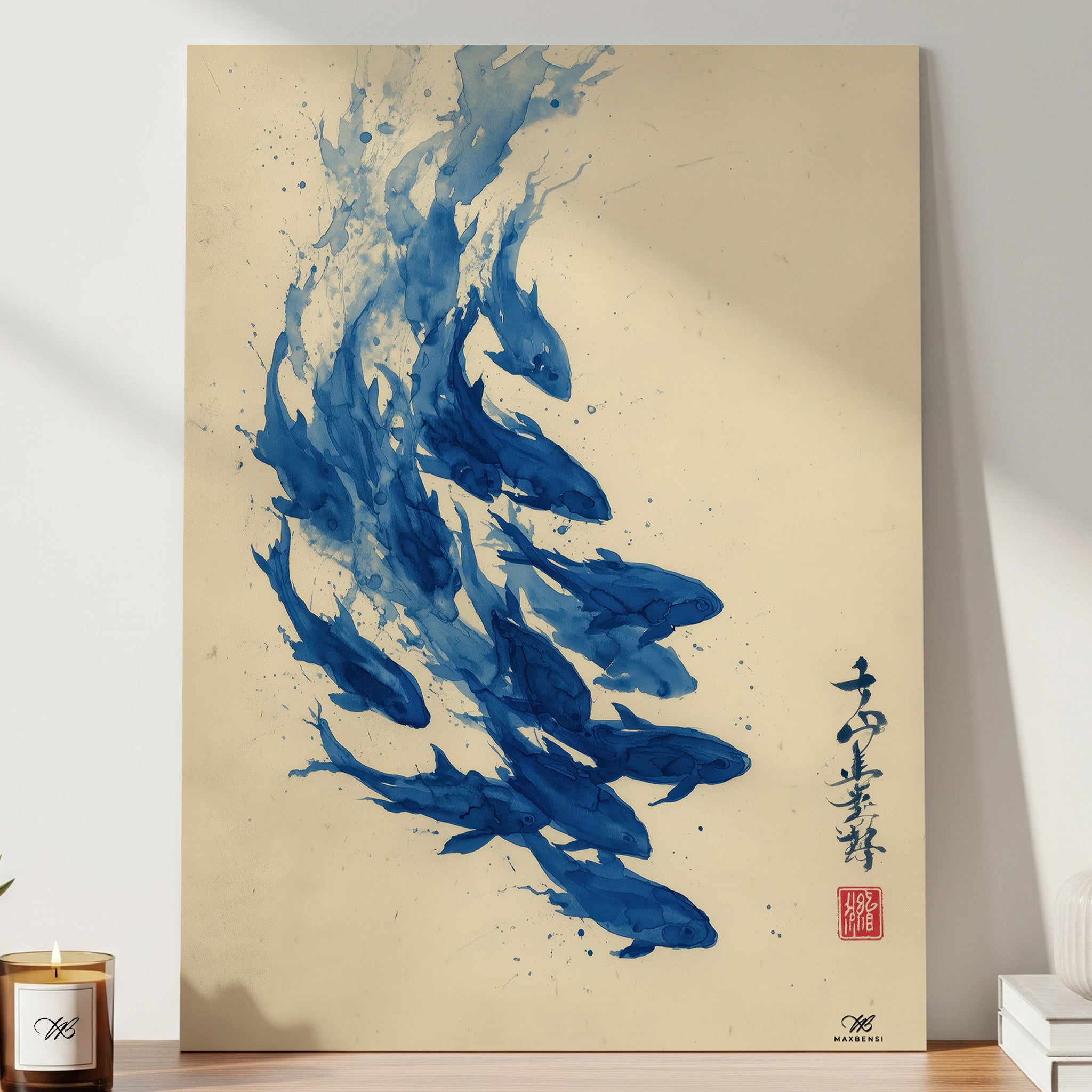 Stampa di pesci blu in stile giapponese, decorazione per parete