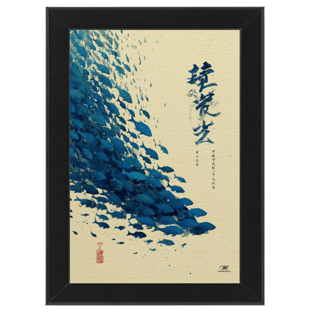 Poster Banco Pesci Tonni Blu Giappone Ukiyo-e Vintage Oceano Minimal