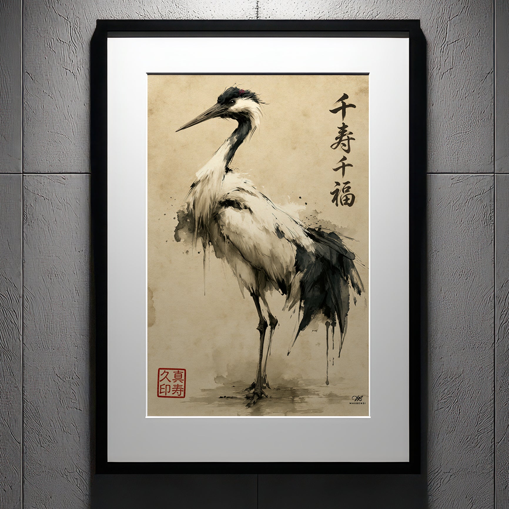 Gru Giapponese "Mille Longevità e Mille Fortune" – Quadro Sumi-e Minimalista